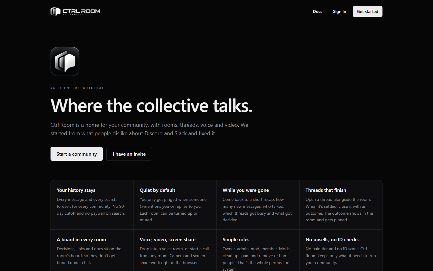 Ctrl Room's home page: “Where the collective talks.” with buttons to start a community or use an invite, and a grid of what it does differently.