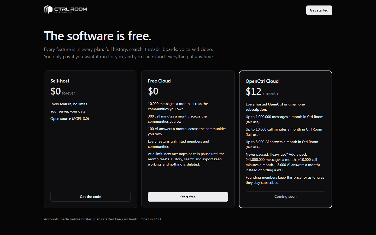 Ctrl Room's pricing page: run it yourself for $0, a Free hosted plan for $0, and OpenCtrl Cloud at $12 a month, coming soon.